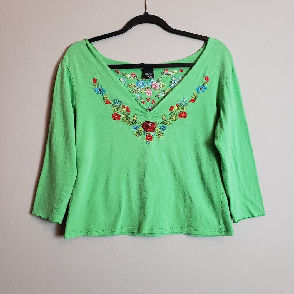 Evie Bright Green Floral Embroidered V-Neck Top Medium